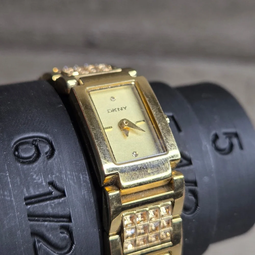 DKNY Gold Tone Stainless Steel Glitz Rectangular Women's Dress Watch NY4441 Sz6